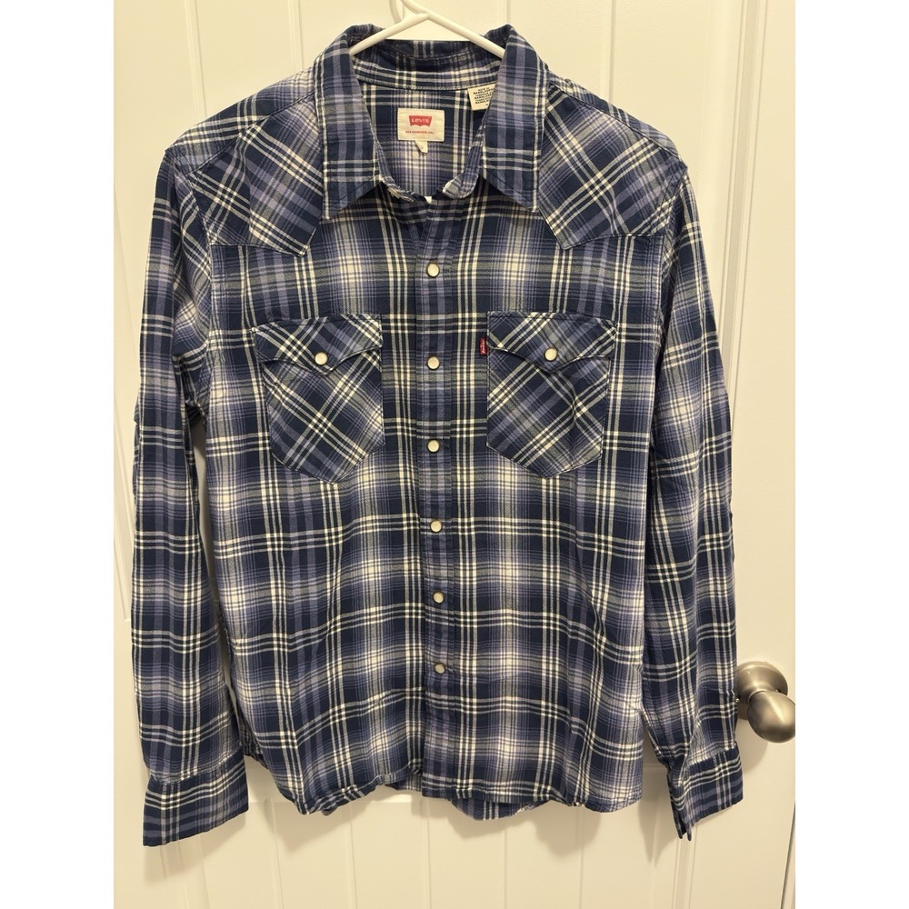 Levis Mens Blue Plaid Western Pearl Snap Long Sleeve Shirt Medium